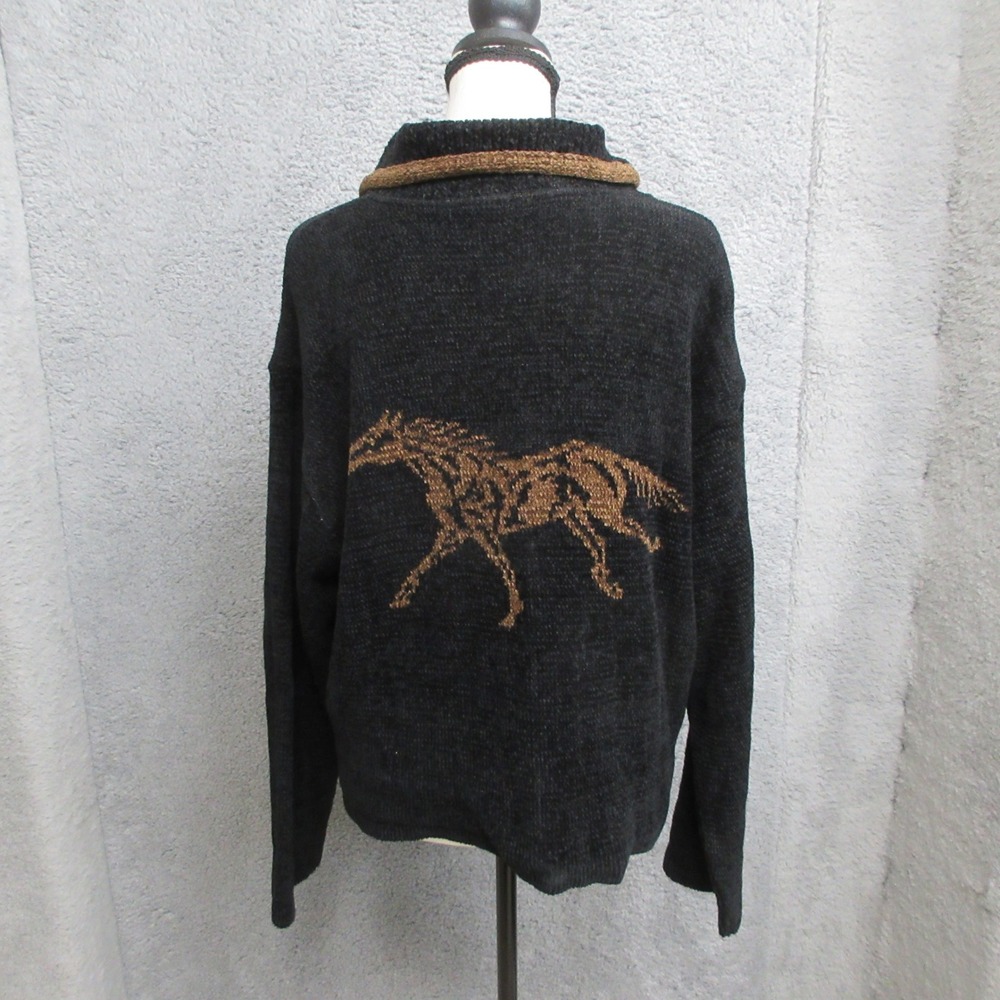 Vtg 90s Y2K Tsunami Cardigan Sweater Women L Black Horse Western Equestrian Boho